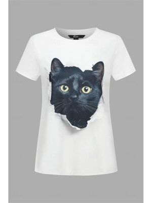 Casual Loose Cat 3D Print Round Neck Short Sleeve Novelty Tee - Image 4