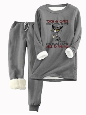 Casual Loose Cat Letter Round Neck Long Sleeve Two Piece Tracksuit - Image 3
