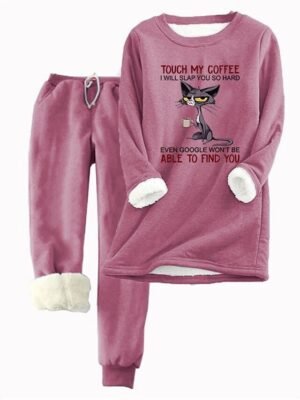 Casual Loose Cat Letter Round Neck Long Sleeve Two Piece Tracksuit - Image 4