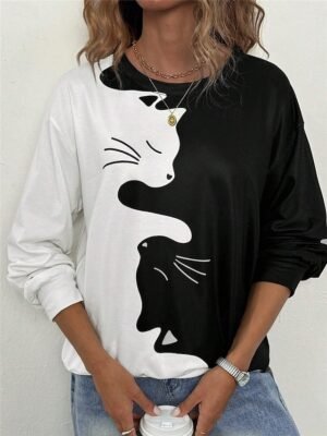Casual Loose Cat Print Crew Neck Long Sleeve Sweatshirt - Image 1