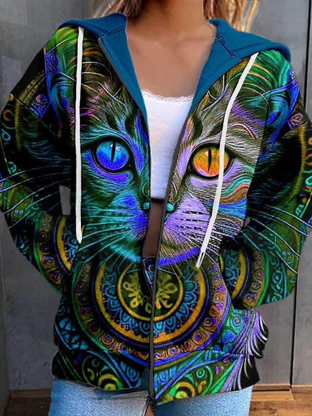 Casual Loose Cat Print Hooded Long Sleeve Top - Image 2