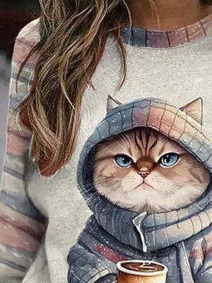 Casual Loose Cat Print Round Neck Long Sleeve Top - Image 1