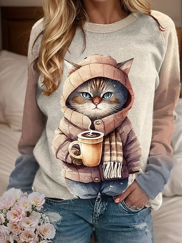 Casual Loose Cat Print Round Neck Long Sleeve Top - Image 1