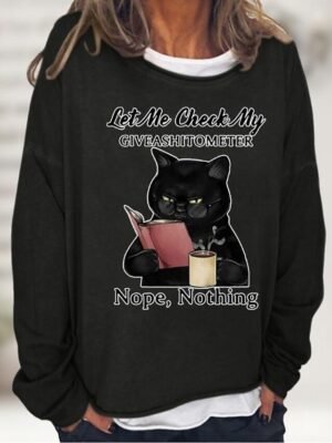 Casual Loose Cat Print Round Neck Long Sleeve Top - Image 10