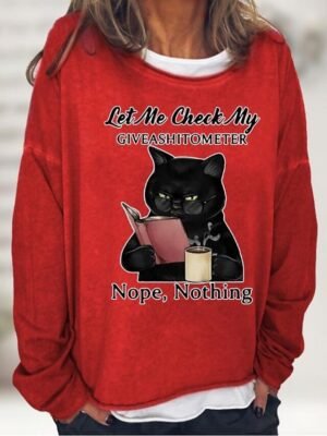 Casual Loose Cat Print Round Neck Long Sleeve Top - Image 11