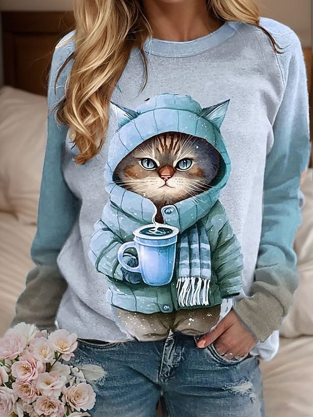 Casual Loose Cat Print Round Neck Long Sleeve Top - Image 2