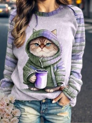 Casual Loose Cat Print Round Neck Long Sleeve Top - Image 3