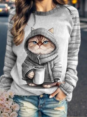 Casual Loose Cat Print Round Neck Long Sleeve Top - Image 4