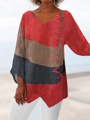 Casual Loose Color Block V Neck Long Sleeve Asymmetrical Hem Tunic - Image 1