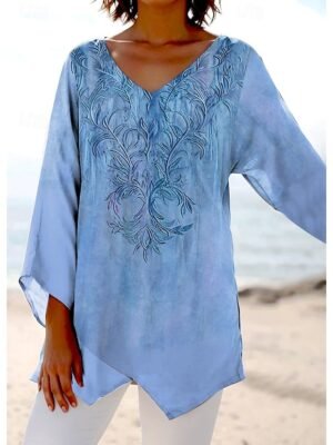 Casual Loose Color Block V Neck Long Sleeve Asymmetrical Hem Tunic - Image 12