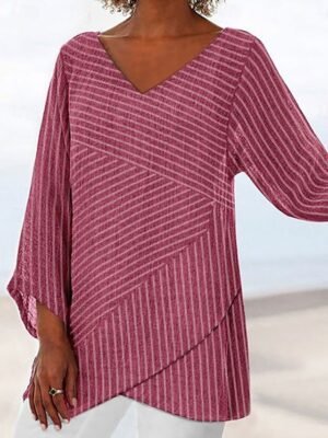 Casual Loose Color Block V Neck Long Sleeve Asymmetrical Hem Tunic - Image 14