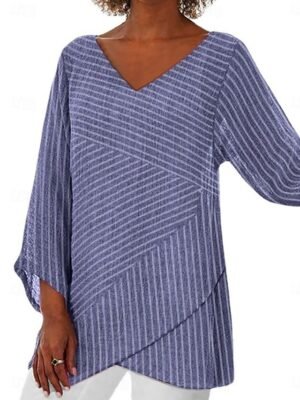 Casual Loose Color Block V Neck Long Sleeve Asymmetrical Hem Tunic - Image 15