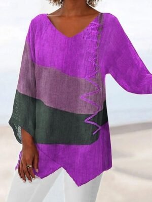 Casual Loose Color Block V Neck Long Sleeve Asymmetrical Hem Tunic - Image 5