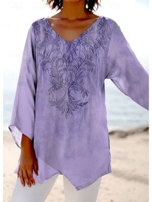 Casual Loose Color Block V Neck Long Sleeve Asymmetrical Hem Tunic - Image 8