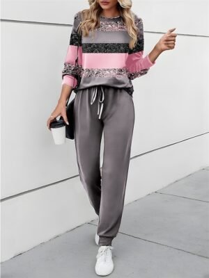 Casual Loose Colour Block Round Neck Long Sleeve Two Piece Tracksuit - Image 1