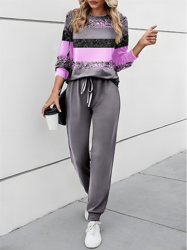 Casual Loose Colour Block Round Neck Long Sleeve Two Piece Tracksuit - Image 2