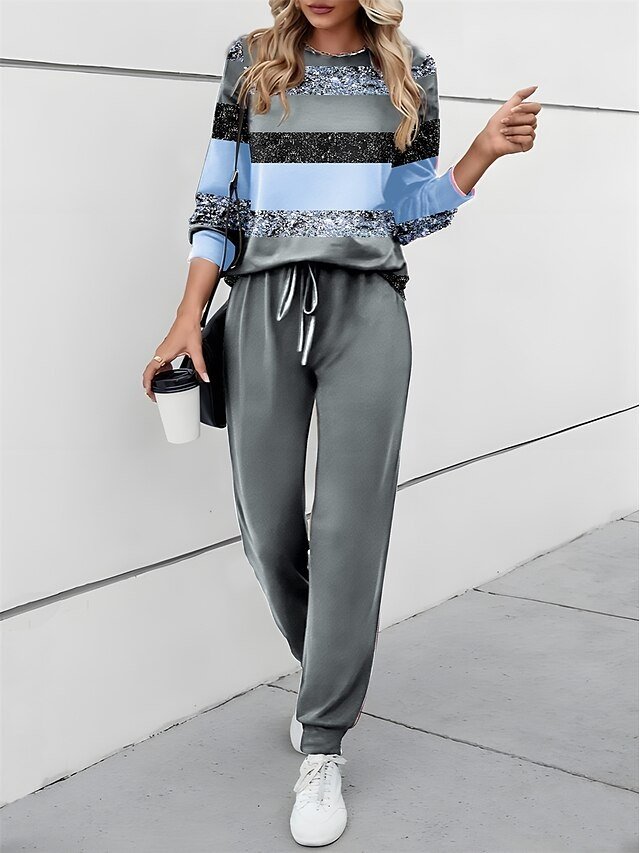 Casual Loose Colour Block Round Neck Long Sleeve Two Piece Tracksuit - Image 3