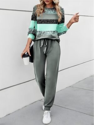 Casual Loose Colour Block Round Neck Long Sleeve Two Piece Tracksuit - Image 4