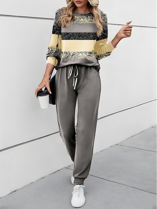 Casual Loose Colour Block Round Neck Long Sleeve Two Piece Tracksuit - Image 5