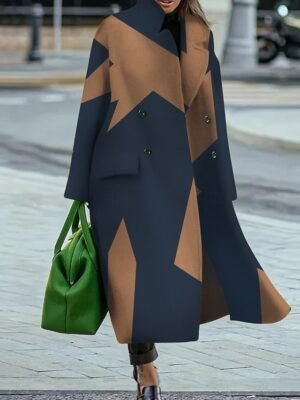 Casual Loose Colour Block Turndown Long Sleeve Long Coat - Image 1