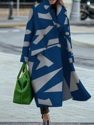 Casual Loose Colour Block Turndown Long Sleeve Long Coat - Image 6