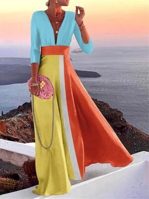 Casual Loose Colour Block V Neck 3/4 Sleeve Maxi Dress - Image 1