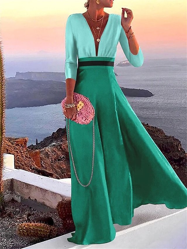 Casual Loose Colour Block V Neck 3/4 Sleeve Maxi Dress - Image 2