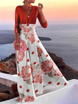 Casual Loose Colour Block V Neck 3/4 Sleeve Maxi Dress - Image 3