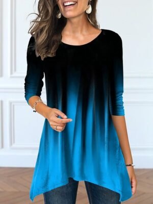 Casual Loose Colour Gradient Round Neck Long Sleeve Tunic - Image 1