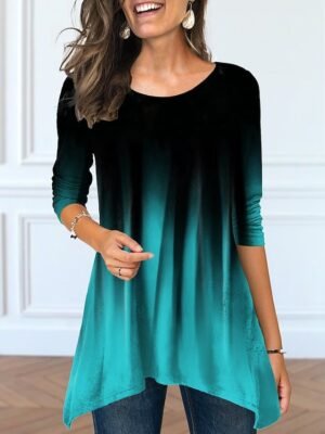 Casual Loose Colour Gradient Round Neck Long Sleeve Tunic - Image 2