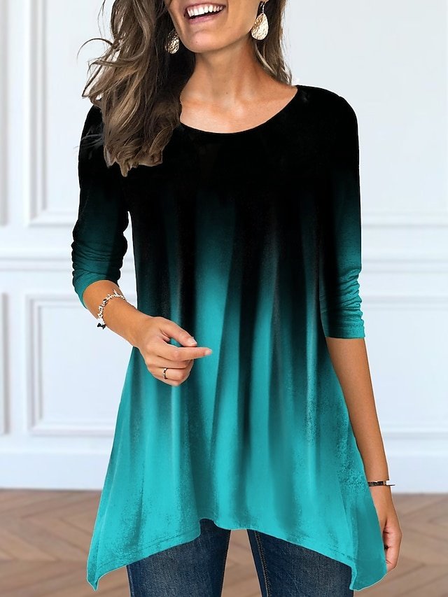 Casual Loose Colour Gradient Round Neck Long Sleeve Tunic - Image 2