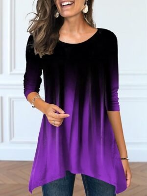 Casual Loose Colour Gradient Round Neck Long Sleeve Tunic - Image 4