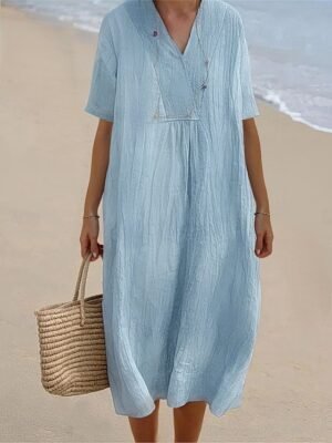 Casual Loose Crinkled V Neck Short Sleeve Midi Dress - Image 1