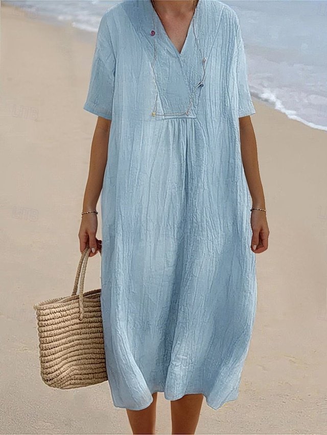 Casual Loose Crinkled V Neck Short Sleeve Midi Dress - Image 1