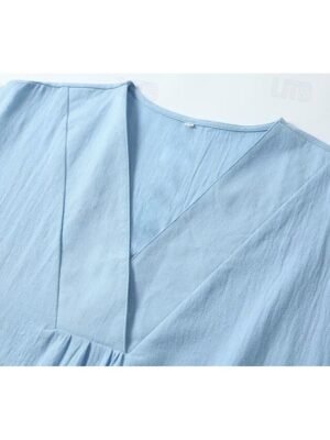 Casual Loose Crinkled V Neck Short Sleeve Midi Dress - Image 3