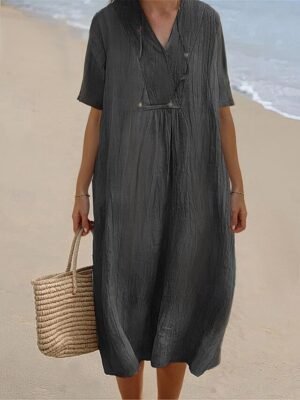 Casual Loose Crinkled V Neck Short Sleeve Midi Dress - Image 4