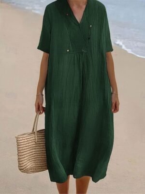 Casual Loose Crinkled V Neck Short Sleeve Midi Dress - Image 5