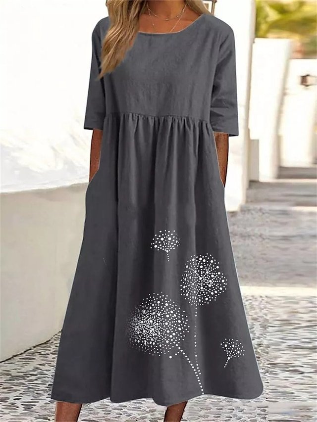 Casual Loose Dandelion Crew Neck Short Sleeve Maxi Dress - Image 1