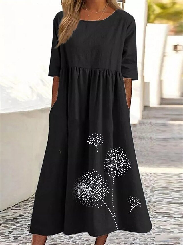 Casual Loose Dandelion Crew Neck Short Sleeve Maxi Dress - Image 2