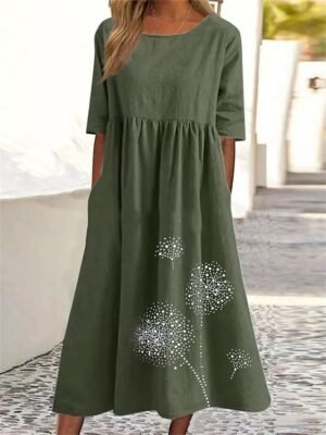 Casual Loose Dandelion Crew Neck Short Sleeve Maxi Dress - Image 5
