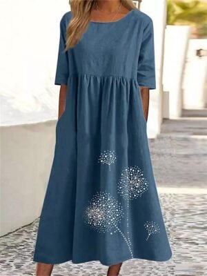 Casual Loose Dandelion Crew Neck Short Sleeve Maxi Dress - Image 6