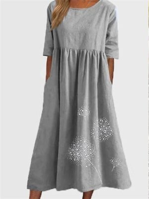 Casual Loose Dandelion Crew Neck Short Sleeve Maxi Dress - Image 7