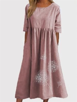 Casual Loose Dandelion Crew Neck Short Sleeve Maxi Dress - Image 8