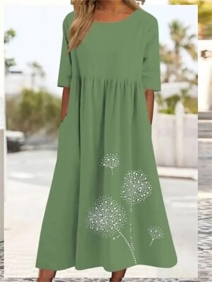 Casual Loose Dandelion Crew Neck Short Sleeve Maxi Dress - Image 9