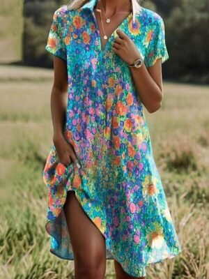 Casual Loose Ditsy Floral Lapel Short Sleeve Maxi Dress - Image 1