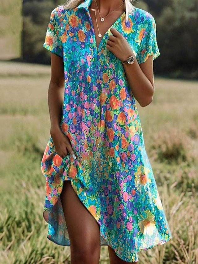 Casual Loose Ditsy Floral Lapel Short Sleeve Maxi Dress - Image 1