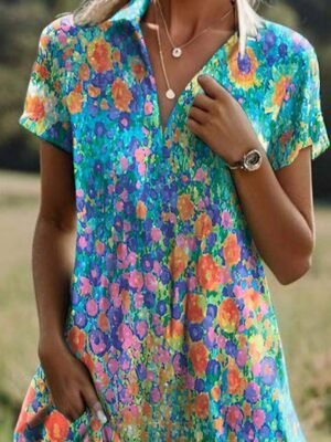 Casual Loose Ditsy Floral Lapel Short Sleeve Maxi Dress - Image 2