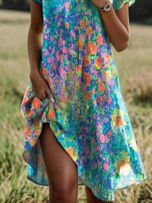 Casual Loose Ditsy Floral Lapel Short Sleeve Maxi Dress - Image 3