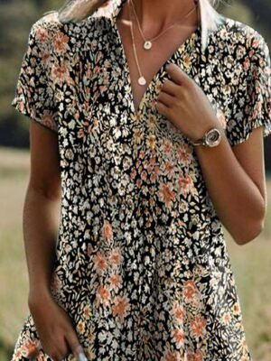 Casual Loose Ditsy Floral Lapel Short Sleeve Maxi Dress - Image 5