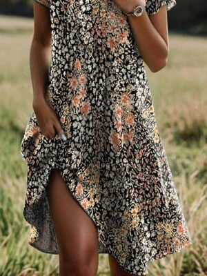 Casual Loose Ditsy Floral Lapel Short Sleeve Maxi Dress - Image 6